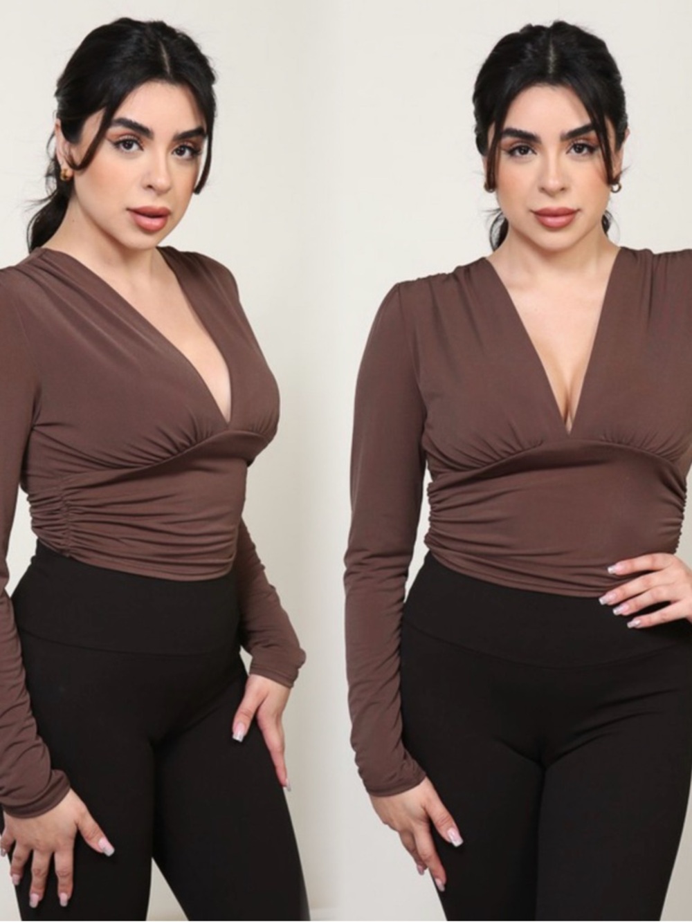 TIMING Brown V-Neck Ruched Long-Sleeve Top - Women
